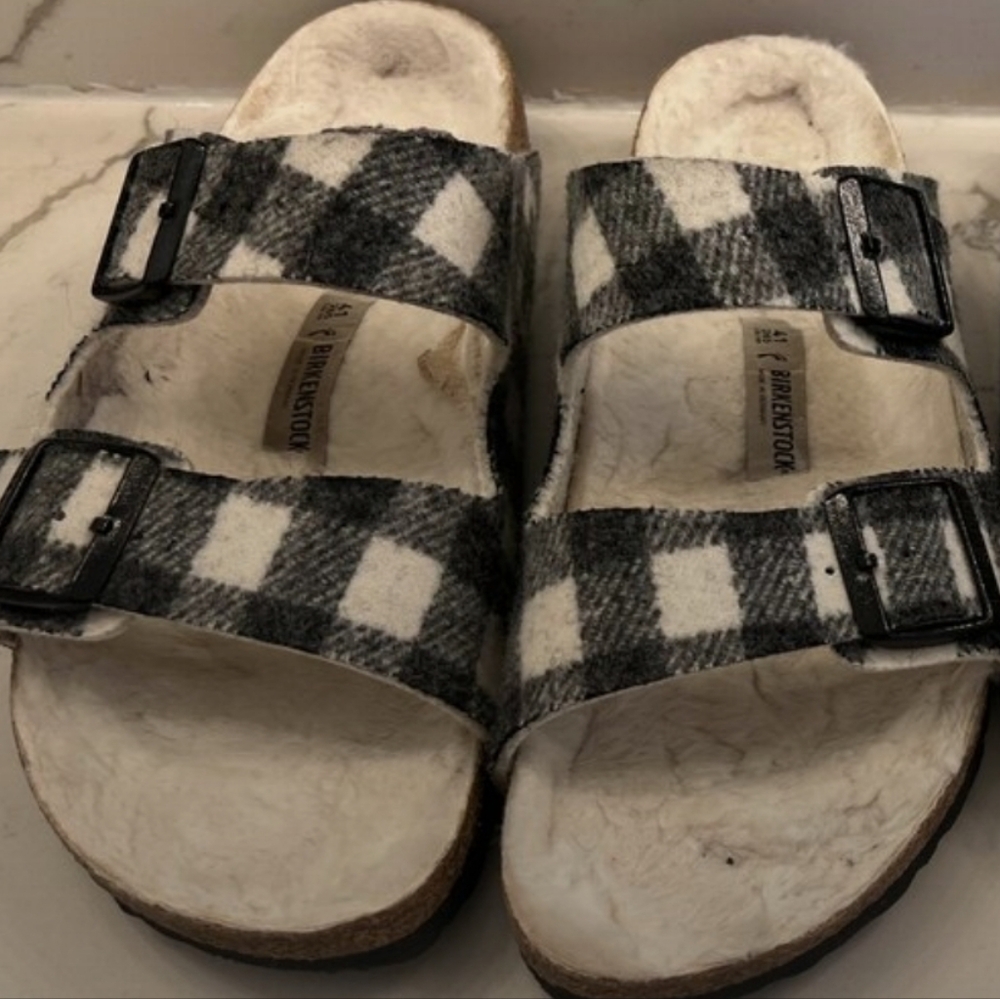 Birkenstock wool flannel rivet Arizona black white sz41 slipper sandal